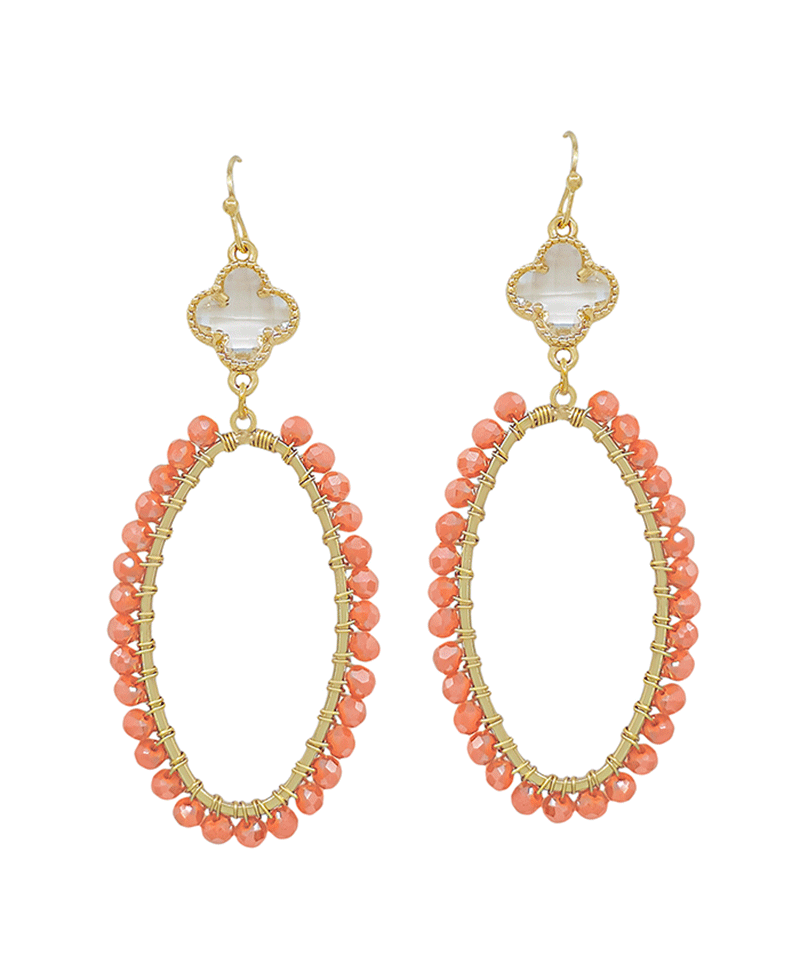 Crystal Clover w/ Oval Shape Glass Wire Earring