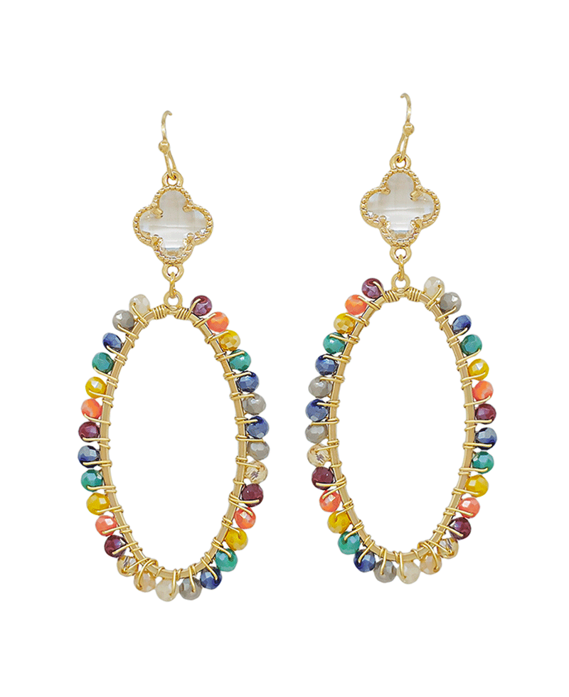 Crystal Clover w/ Oval Shape Glass Wire Earring