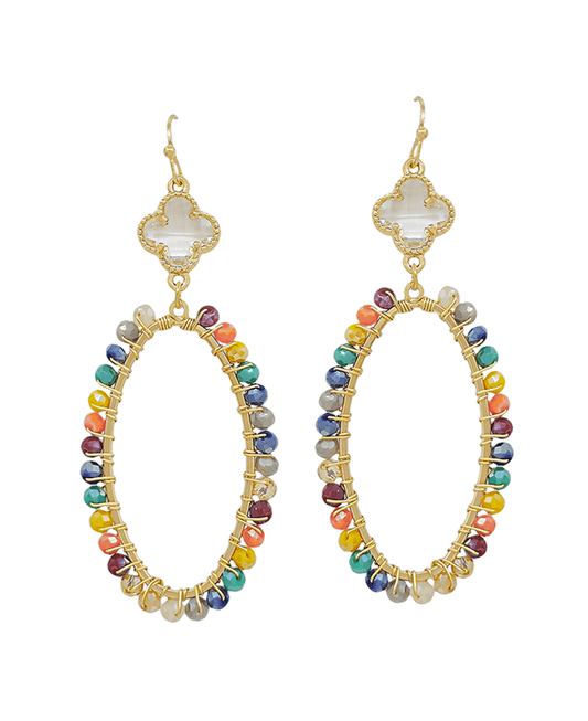 Crystal Clover w/ Oval Shape Glass Wire Earring