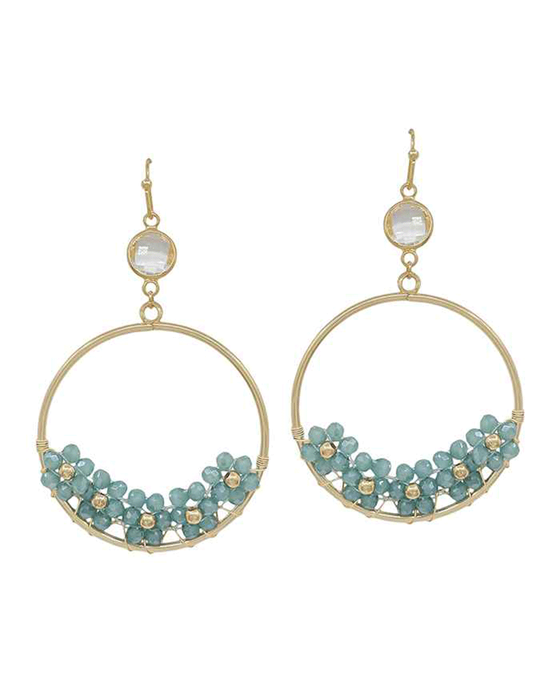 Wire Ring w/ Crystal Bead Flower Earring - 2.0"