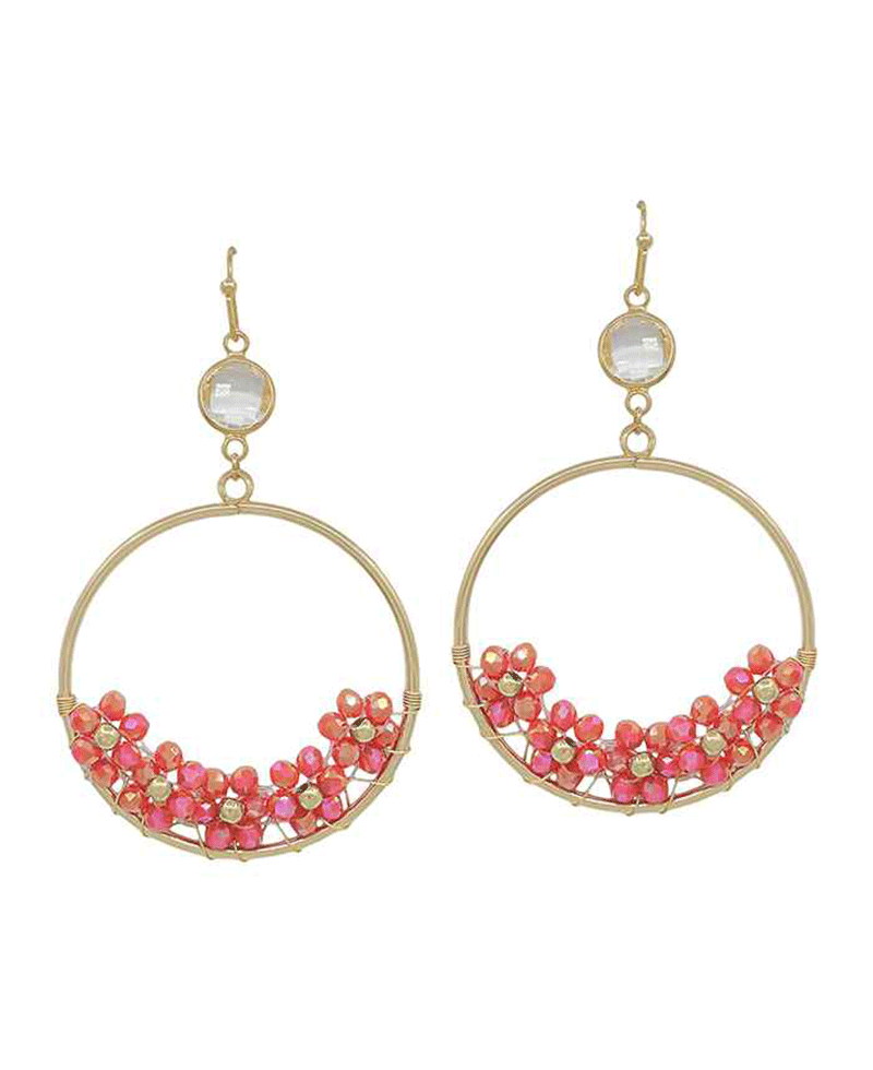 Wire Ring w/ Crystal Bead Flower Earring - 2.0"