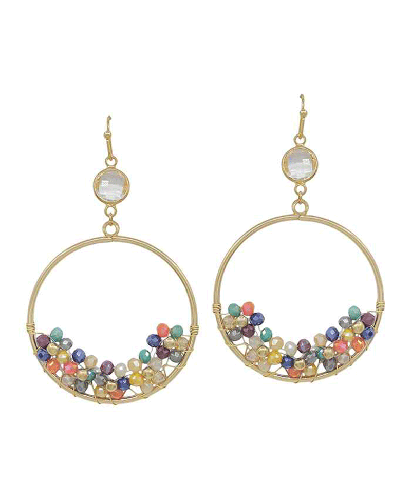 Wire Ring w/ Crystal Bead Flower Earring - 2.0"