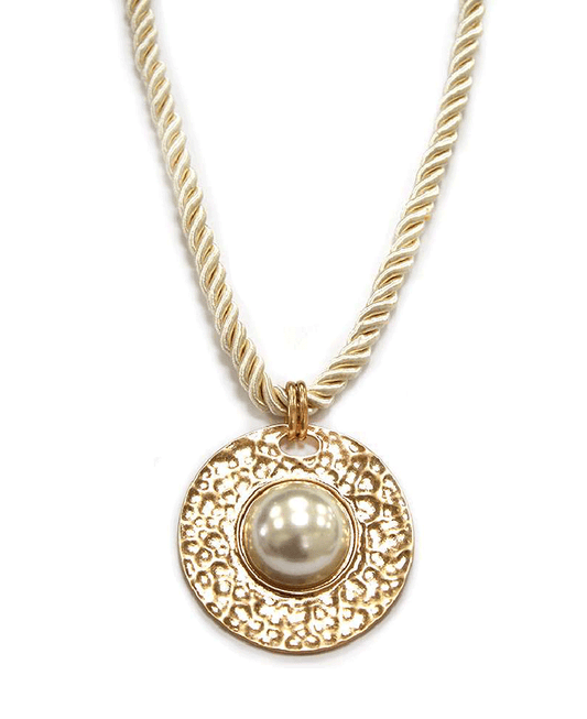 Round Metal w/ Faux Pearl Short Cord Necklace - 18"