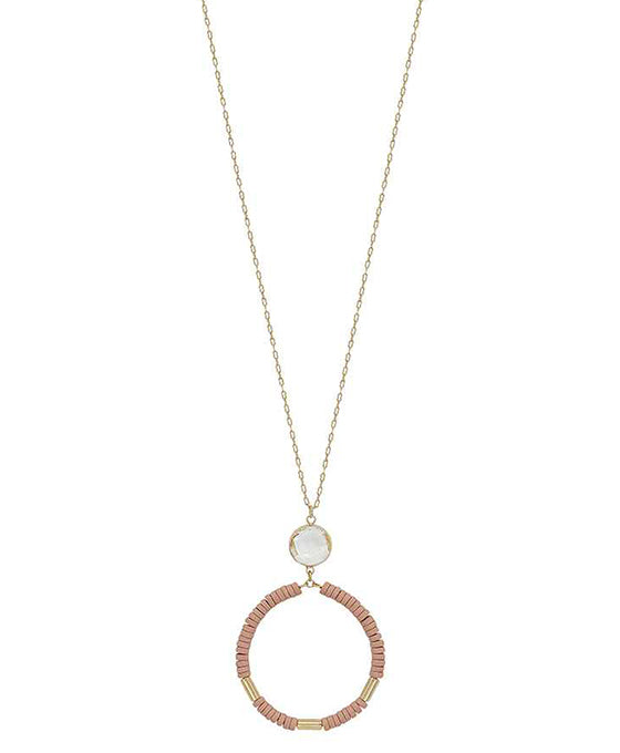 Crystal Accent Round Wood Pendant Necklace