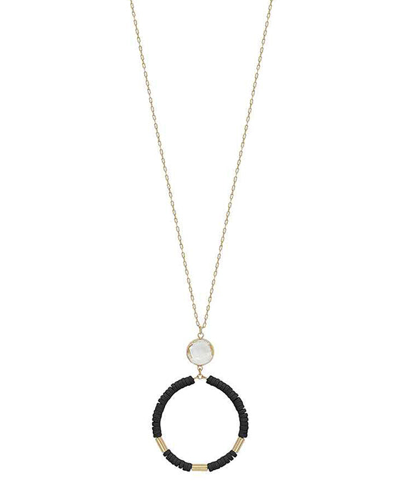 Crystal Accent Round Wood Pendant Necklace