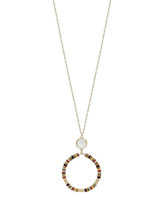 Crystal Accent Round Wood Pendant Necklace
