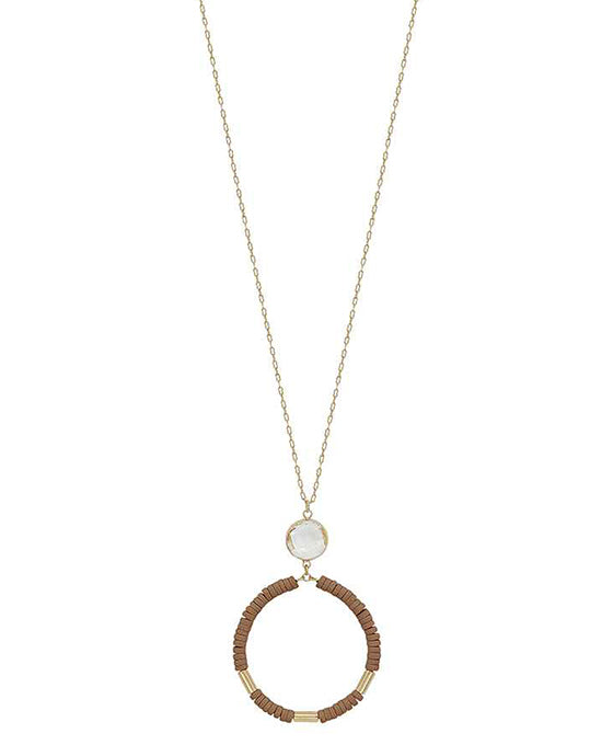 Crystal Accent Round Wood Pendant Necklace