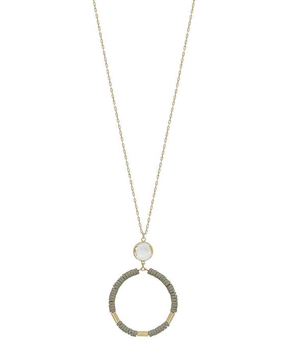 Crystal Accent Round Wood Pendant Necklace