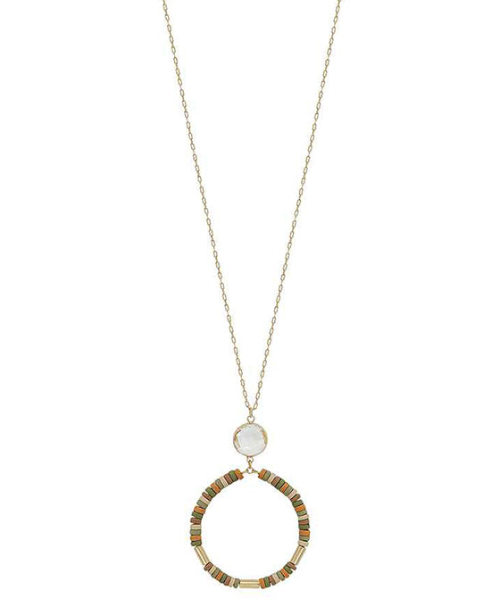 Crystal Accent Round Wood Pendant Necklace