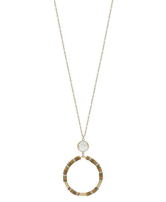 Crystal Accent Round Wood Pendant Necklace