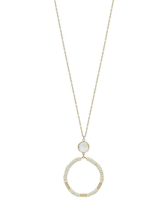 Crystal Accent Round Wood Pendant Necklace