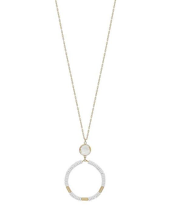 Crystal Accent Round Wood Pendant Necklace