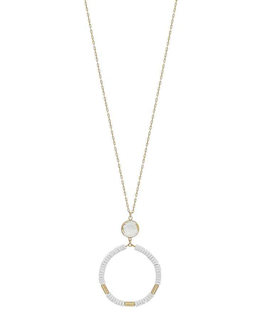 Crystal Accent Round Wood Pendant Necklace