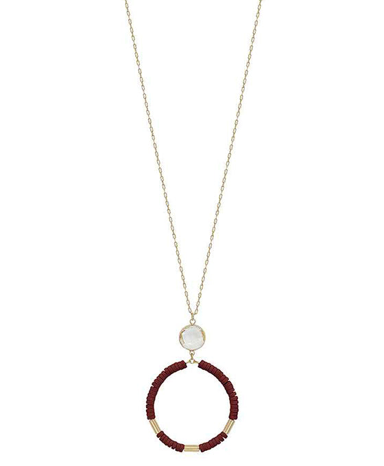 Crystal Accent Round Wood Pendant Necklace