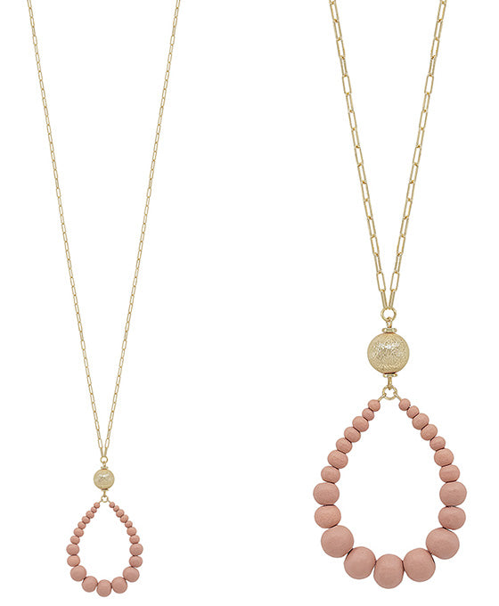 Satin Metal Ball Accent Teardrop Long Necklace