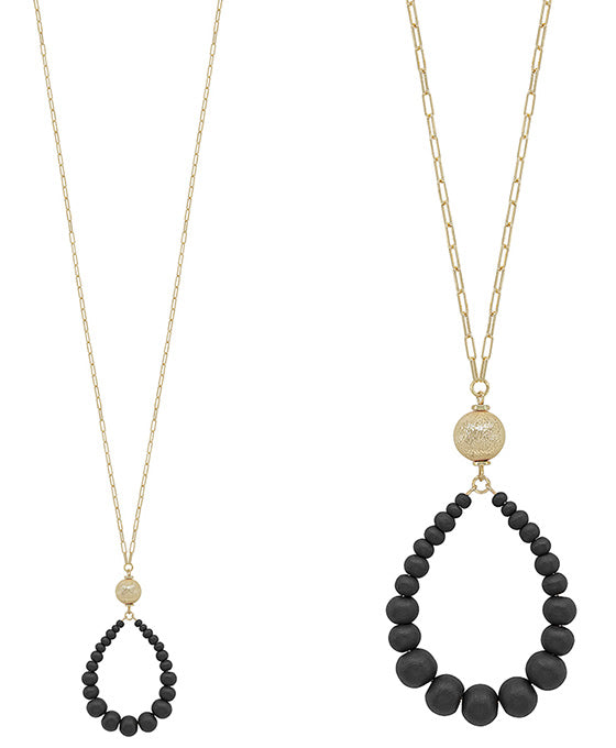 Satin Metal Ball Accent Teardrop Long Necklace