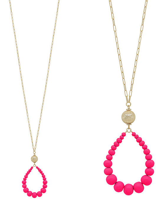 Satin Metal Ball Accent Teardrop Long Necklace