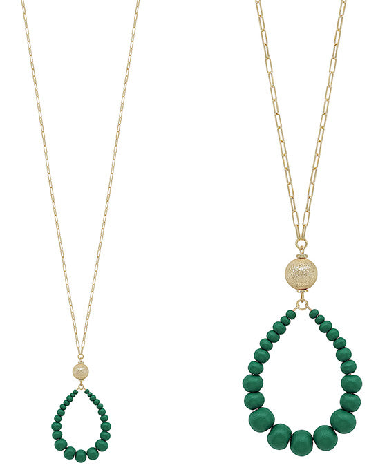 Satin Metal Ball Accent Teardrop Long Necklace