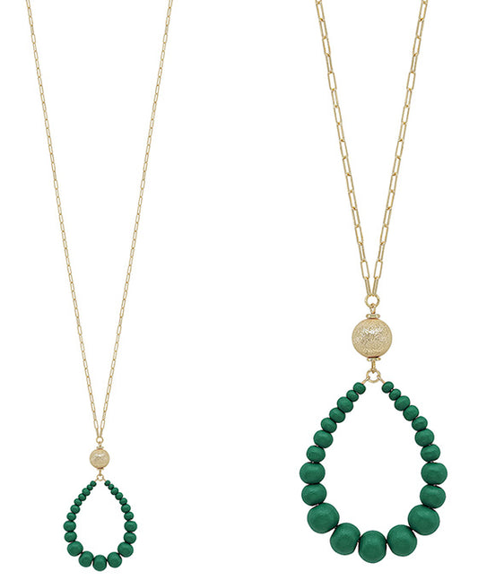 Satin Metal Ball Accent Teardrop Long Necklace