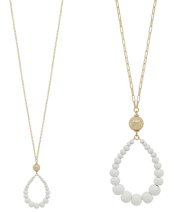 Satin Metal Ball Accent Teardrop Long Necklace