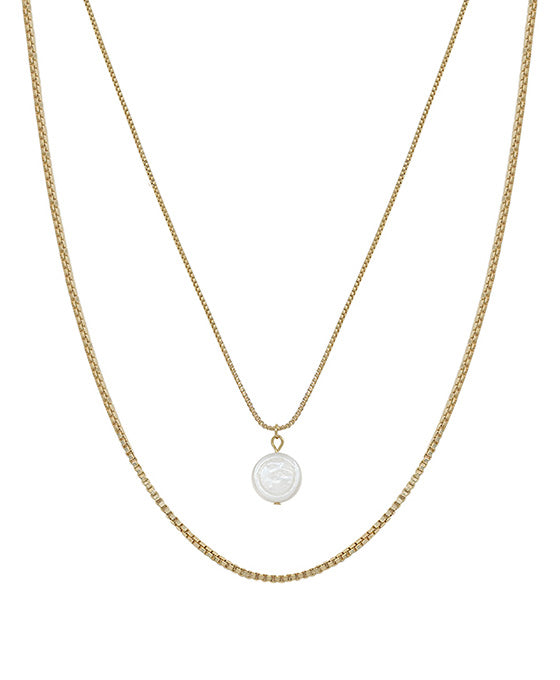 Coin Pearl Box Chain 2 Layered Short Necklace