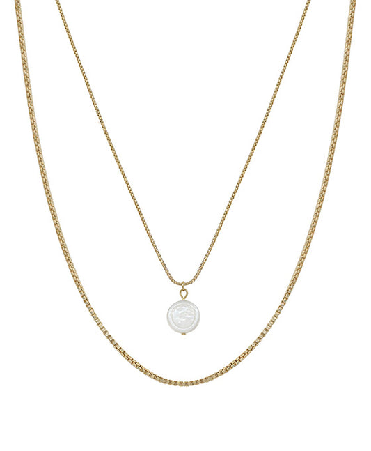 Coin Pearl Box Chain 2 Layered Short Necklace