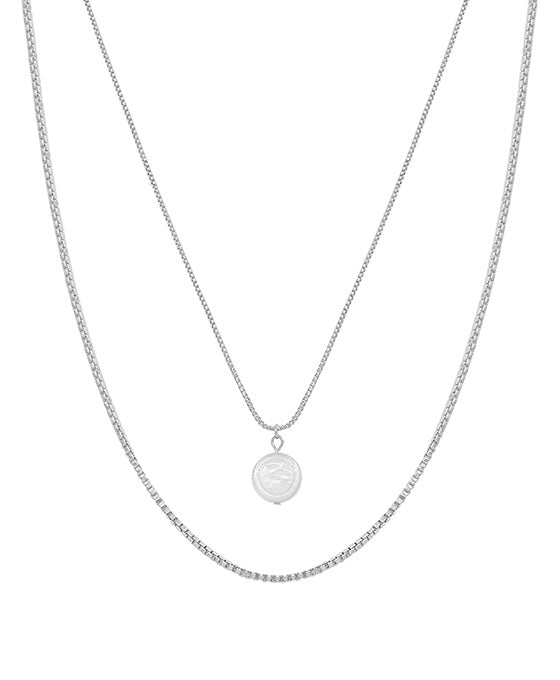 Coin Pearl Box Chain 2 Layered Short Necklace