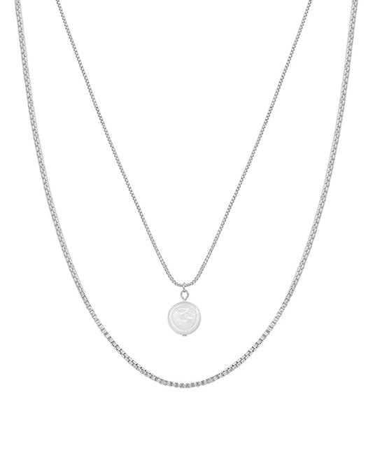 Coin Pearl Box Chain 2 Layered Short Necklace