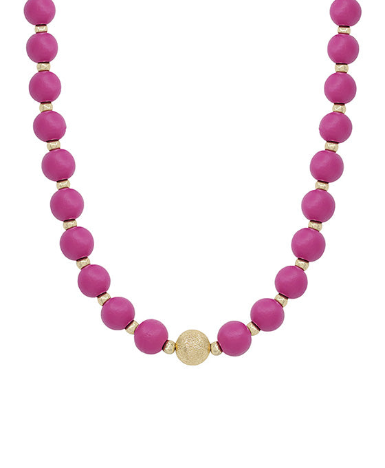 10mm Wood Beads w/ Satin ball Accent Necklace