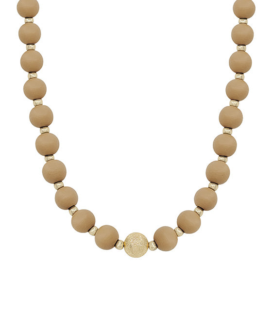 10mm Wood Beads w/ Satin ball Accent Necklace