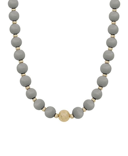 10mm Wood Beads w/ Satin ball Accent Necklace