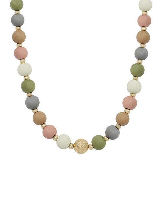 10mm Wood Beads w/ Satin ball Accent Necklace