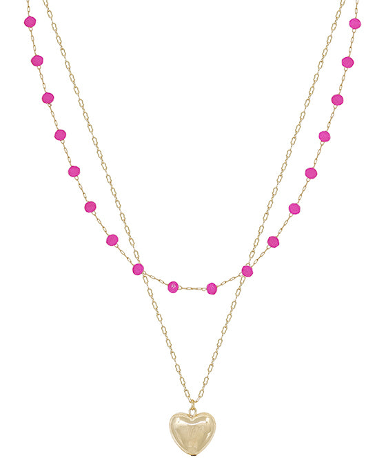 Beads Chain w/ Heart Metal Pendant Short Necklace