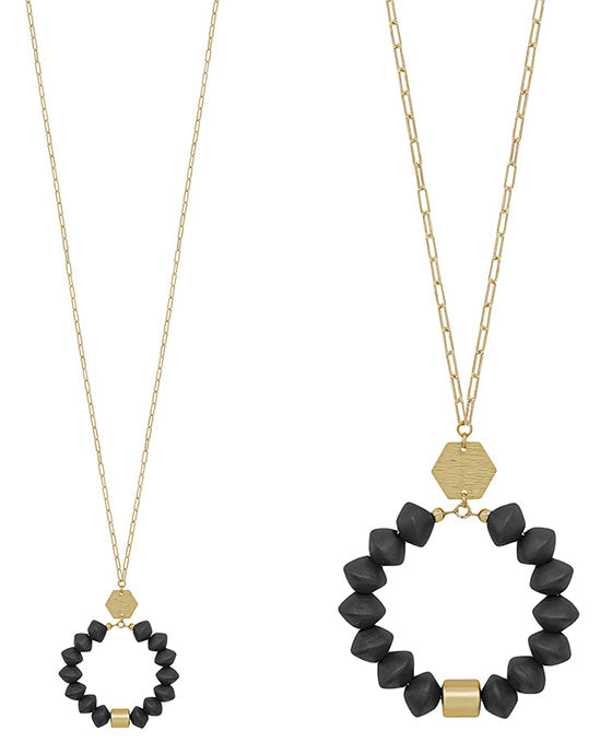 Round Metal Accent w/ Wood Pendant Necklace