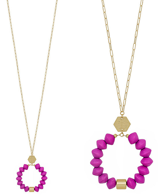 Round Metal Accent w/ Wood Pendant Necklace