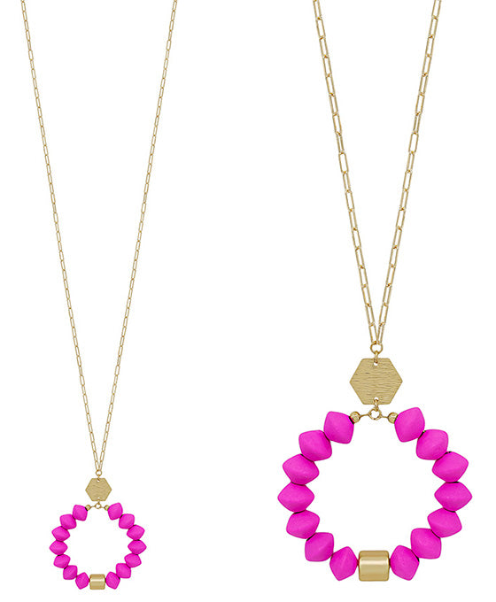 Round Metal Accent w/ Wood Pendant Necklace