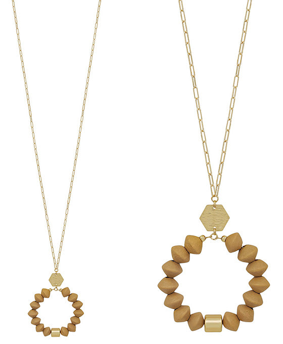 Round Metal Accent w/ Wood Pendant Necklace