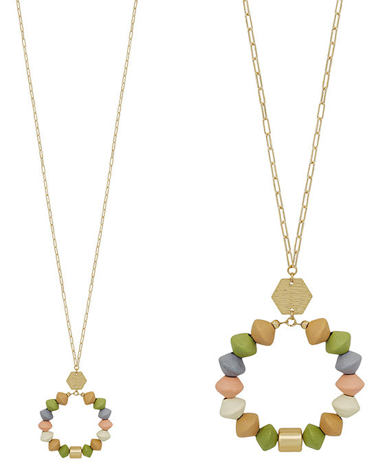 Round Metal Accent w/ Wood Pendant Necklace