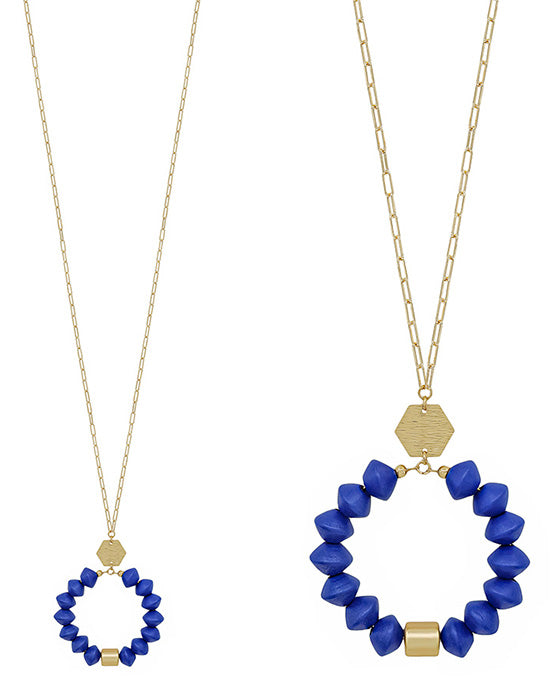 Round Metal Accent w/ Wood Pendant Necklace