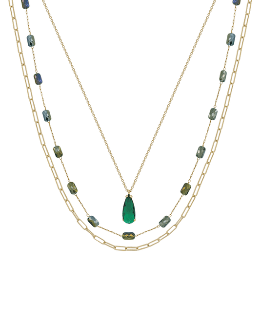 3 Layered Teardrop Glass & Beads Chain Short Necklace