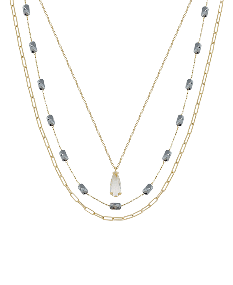 3 Layered Teardrop Glass & Beads Chain Short Necklace
