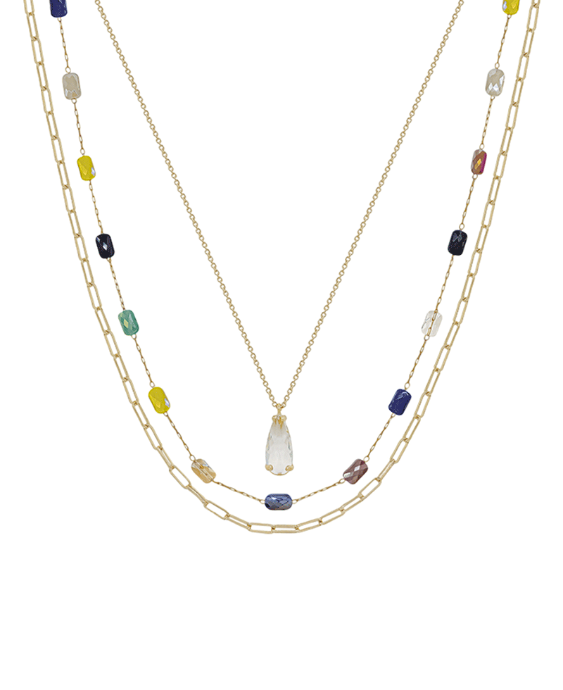 3 Layered Teardrop Glass & Beads Chain Short Necklace