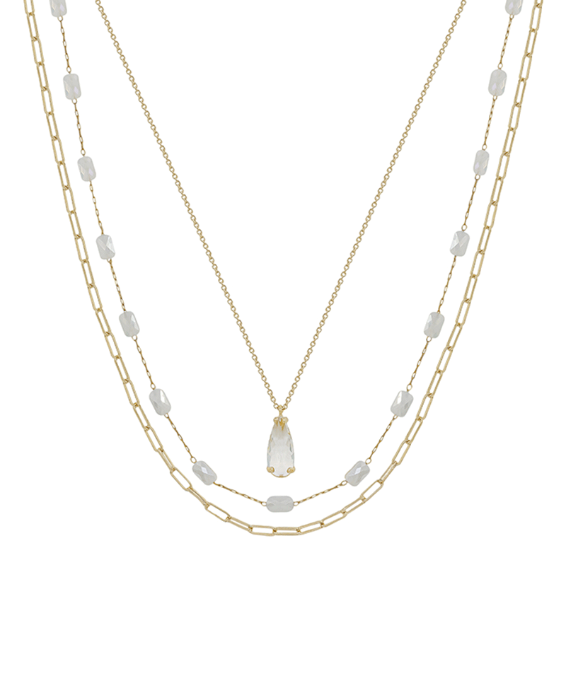 3 Layered Teardrop Glass & Beads Chain Short Necklace