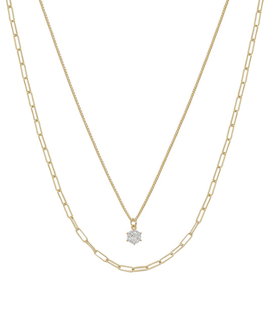 Layered Clip Chain & Cubic Pendant Short Necklace