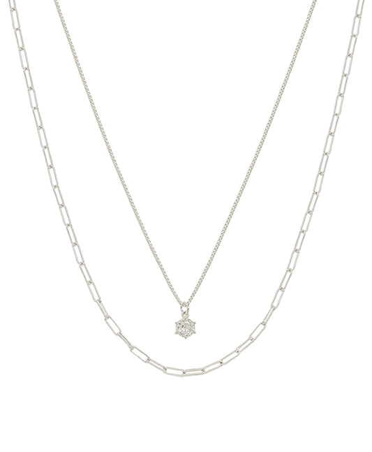Layered Clip Chain & Cubic Pendant Short Necklace