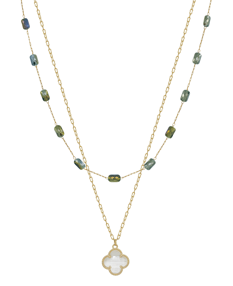 Crystal Clover & Square Glass Bead Chain Short Necklace