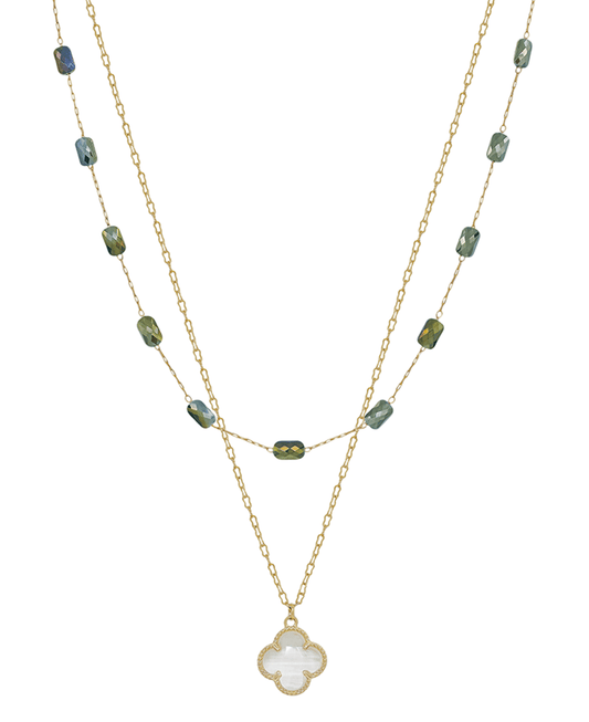 Crystal Clover & Square Glass Bead Chain Short Necklace