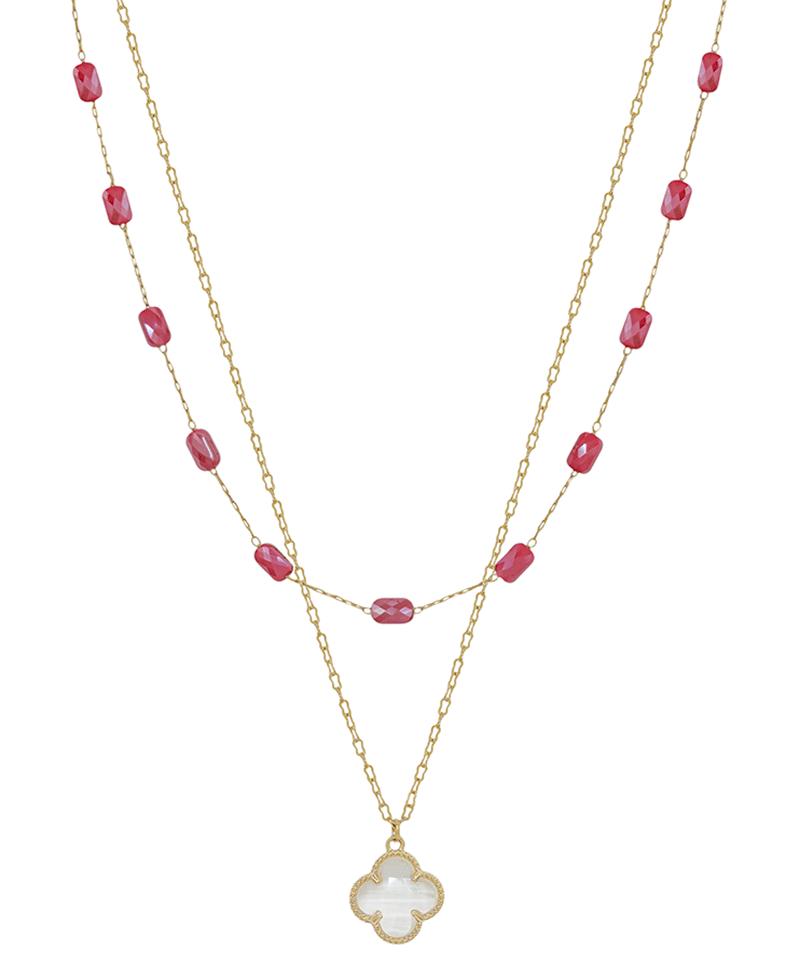 Crystal Clover & Square Glass Bead Chain Short Necklace