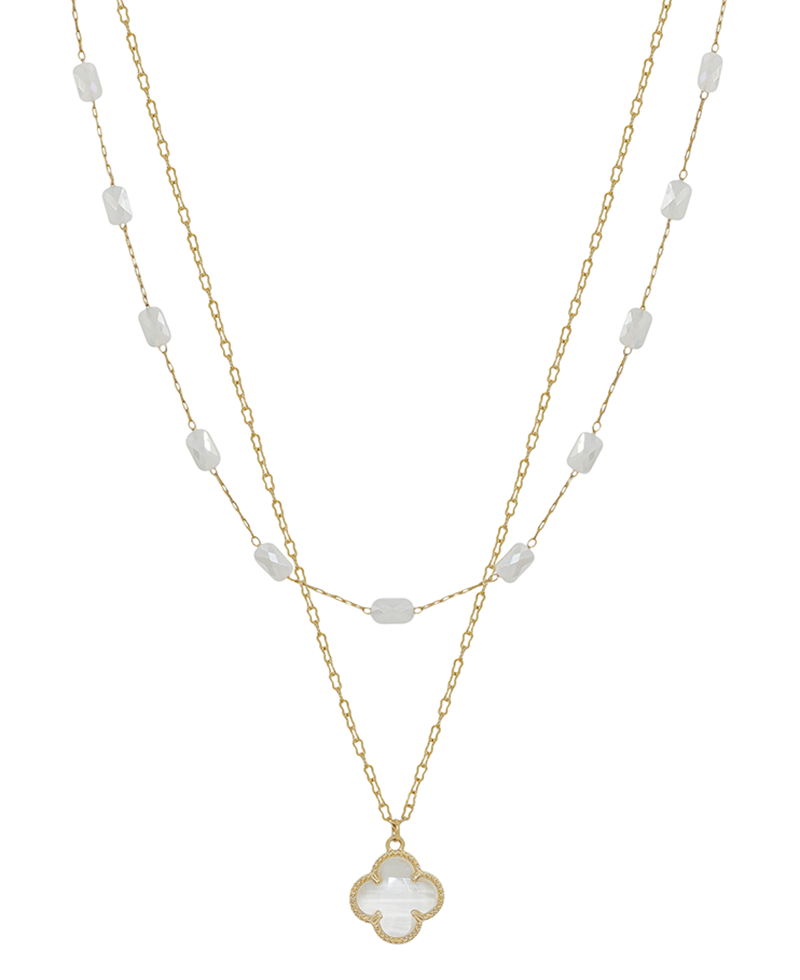 Crystal Clover & Square Glass Bead Chain Short Necklace