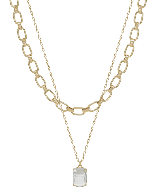 Bold Clip Chain w/ Oval Shape Crystal Short Necklace
